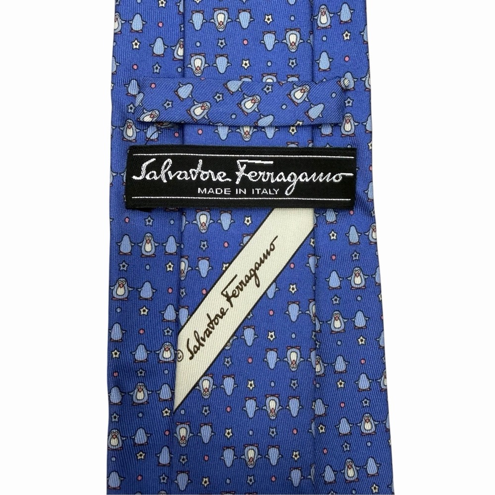 Salvatore Ferragamo Mens Tie Penguins & Stars Blue Satin Silk 3.5" (W) x 61" (L)